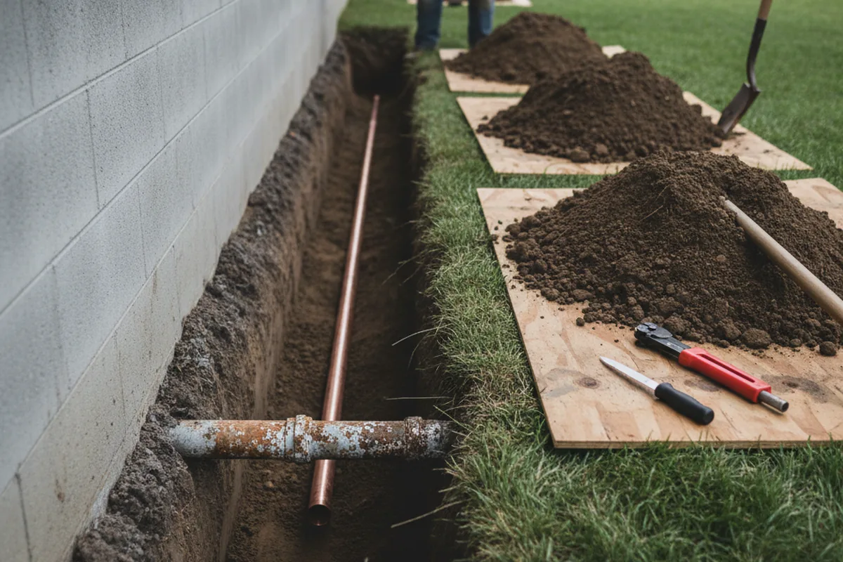 Excavated water line trench during Water Heater Repair in Longview
